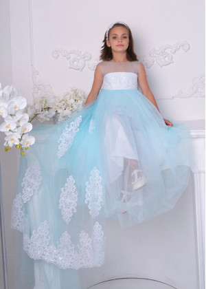 Illusion Neck Blue Lace Tulle Long Flower Girl Dress